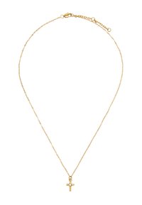 Złoty naszyjnik łańcuszkowy z małym wisiorkiem w kształcie krzyża, w którym znajduje się centralny kamień. Projekt jest delikatny, z cienkim, teksturowanym łańcuszkiem.