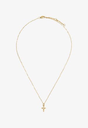 Złoty naszyjnik łańcuszkowy z małym wisiorkiem w kształcie krzyża, w którym znajduje się centralny kamień. Projekt jest delikatny, z cienkim, teksturowanym łańcuszkiem.