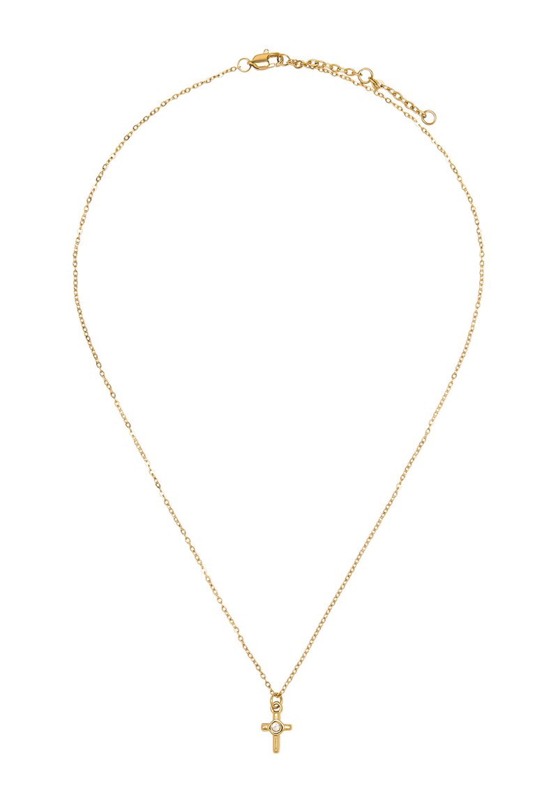 Złoty naszyjnik łańcuszkowy z małym wisiorkiem w kształcie krzyża, w którym znajduje się centralny kamień. Projekt jest delikatny, z cienkim, teksturowanym łańcuszkiem.