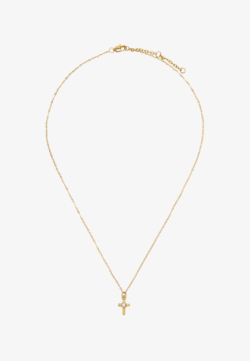 Złoty naszyjnik łańcuszkowy z małym wisiorkiem w kształcie krzyża, w którym znajduje się centralny kamień. Projekt jest delikatny, z cienkim, teksturowanym łańcuszkiem.
