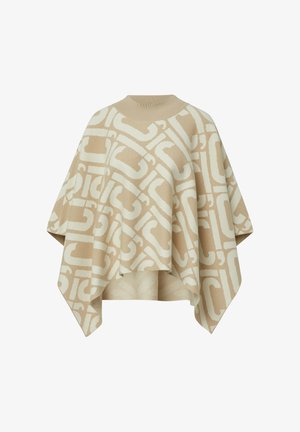 Bežový pončo vyrobený z pletené látky s kontrastním bílým abstraktním vzorem. Má kulatý výstřih a volný, splývavý střih.