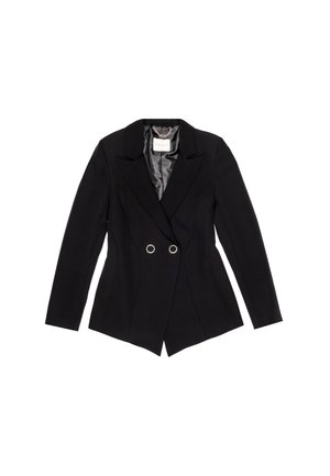 Blazer nero doppiopetto con rever a punta, accessori circolari in argento e foderato in satin. Vestibilità sartoriale con silhouette strutturata.