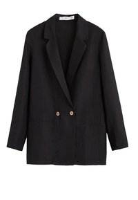 Blazer in lino nero con revers a punta, doppi bottoni e due tasche frontali. Presenta una vestibilità morbida e una sottile texture su tutta la superficie.