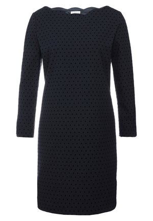 Granatowa sukienka o długości do kolan z długimi rękawami i czarnym wzorem w kropki, z okrągłym dekoltem i prostą sylwetką.