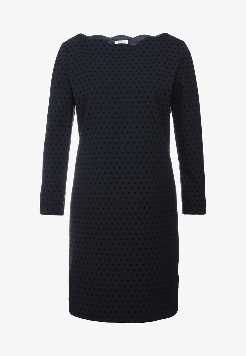 Robe bleu marine longueur genou avec manches longues et texture à pois noirs, dotée d'un col rond et d'une silhouette droite.
