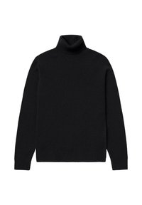 Schwarzer Rollkragenpullover aus weichem Material, mit geripptem Kragen und Manschetten, klassischer, lockerer Passform und minimalen Nähten.