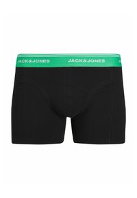 Melni bokseršorti ar zaļu elastīgu jostu, uz kuras ir balts teksts "JACK & JONES". Gluda tekstūra un pieguloša forma nodrošina komfortu.