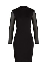 Abito nero attillato con maniche lunghe trasparenti e collo alto, lungo fino al ginocchio con una silhouette slim fit.