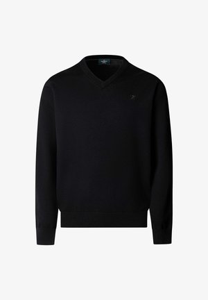 Suéter negro de manga larga con cuello en V, puños y dobladillo acanalados, con un pequeño logo bordado en el pecho izquierdo.