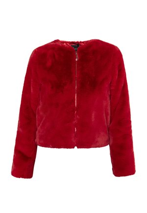 Red faux fur jacket with a cropped design, round neckline, long sleeves, and a front zipper closure. Soft texture with a plush finish.