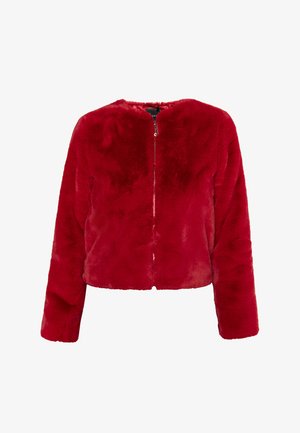 Sarkans mākslīgā kažokādas jaka ar īsu dizainu, apaļu kakla izgriezumu, garām piedurknēm un priekšēju rāvējslēdzēja aizdari. Mīksta tekstūra ar greznu apdari.