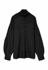 Tmavě šedý svetr s rolákem, volného střihu, s žebrovaným límcem a manžetami a jemnou strukturou. Má spadlé ramenní švy a rovný lem.