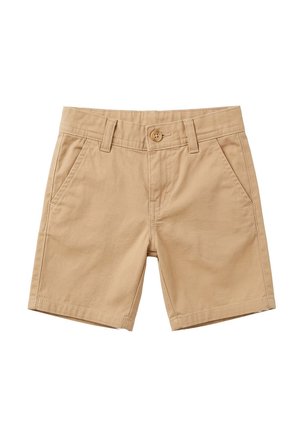 Shorts beige in cotone con bottone frontale, passanti per cintura, tasche laterali e orlo diritto, mostrati su sfondo bianco.