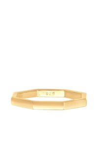 Goldplattierter Silberring, sechseckige Form, polierte Oberfläche, graviert mit "925", glatte Fläche mit geometrischen Akzenten.
