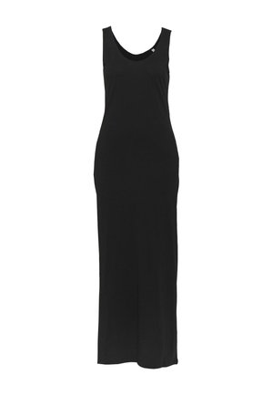 Schwarzes ärmelloses Maxikleid mit Rundhalsausschnitt, figurbetonter Silhouette und bodenlangem Saum.