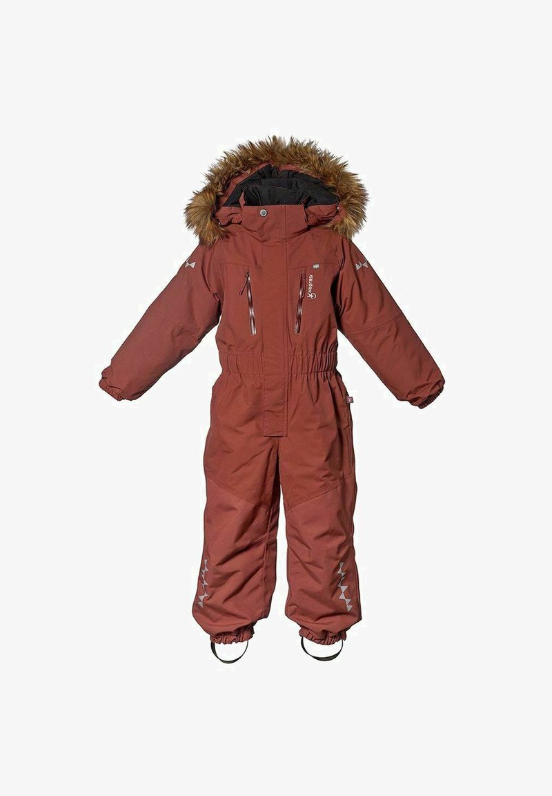 Röd isolerad snällåt med en huva klädd i päls, dragkedjefickor, elastisk midja och elastiska ärmslut. Har reflexdetaljer på benen.