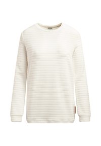 Hellfarbiger Pullover mit langen Ärmeln und strukturierten horizontalen Streifen. Verfügt über einen Rundhalsausschnitt und gerippte Bündchen; Etikett an der unteren Seite für die Markenkennzeichnung.