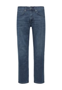 Donkerblauwe denim jeans met een rechte pijpdesign, vijf zakken en een metalen knoopsluiting. Soepele textuur met subtiele vervaging.