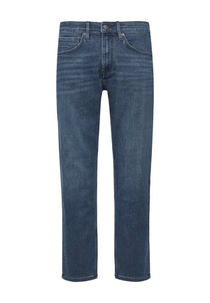 Tummansiniset denimmihousut, joissa on suora lahje, viisi taskua ja metallinen nappisulku. Pehmeä rakenne, jossa on hienovaraista haalistumista.