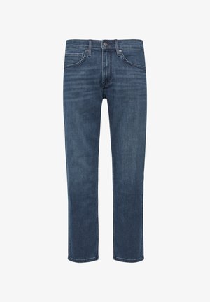 Tamno plavi traperice s ravnim nogavicama, pet džepova i metalnim kopčanjem. Glatka tekstura s blagim izbljeđivanjem.