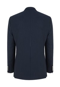 Marynarski blazer w paski, dopasowany krój, gładki materiał, klapowany kołnierz, pojedynczy rozporek, srebrne akcenty przy mankietach, długie rękawy z detalami w postaci guzików.