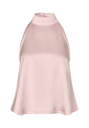 Ærmeløs, lyserød satin halter top med høj halsudskæring og løs, flydende pasform.
