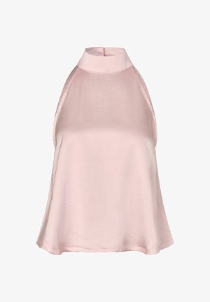 Ærmeløs, lyserød satin halter top med høj halsudskæring og løs, flydende pasform.
