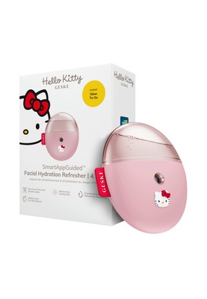 Appareil de brume hydratante pour le visage Hello Kitty ovale rose avec dessus transparent et boîte d'emballage montrant le nom et les caractéristiques du produit.