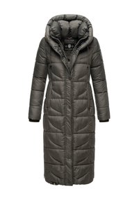 Long, deep gray puffer coat with a large hood, zip closure, ribbed cuffs, and textured stitching. Features two side pockets and branding.