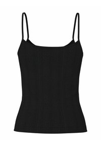 Haut sans manches noir avec de fines bretelles spaghetti, en tissu texturé à côtes présentant des rayures verticales et des motifs en diamant sur l'ensemble.