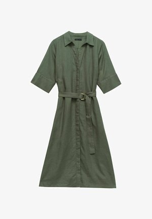 Olive-green shirt dress made of soft fabric, featuring short rolled sleeves, a collar, a button-down front, and a matching belt with a gold buckle.