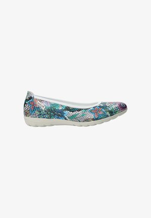Chaussure plate pour femme à motif floral avec surface texturée, semelle blanche basse et bordure blanche le long de l'ouverture.