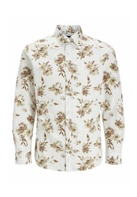 Witte overhemdbloes met een bloemig patroon in beige en bruine tinten, gemaakt van gladde stof met een klassieke kraag en lange mouwen.