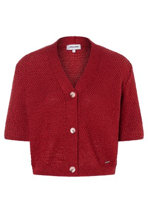 Short red knit cardigan with V-neck, short sleeves, and three white buttons down the front.