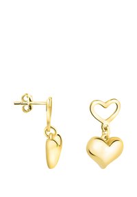 Goldfarbene Ohrringe mit einem hängenden Herzanhänger und einem kleineren herzförmigen Stecker. Glatte Oberfläche mit polierter Optik.