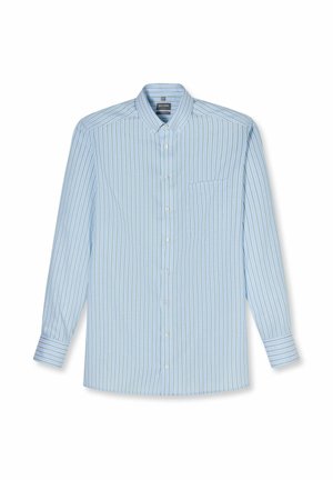 Light blue button-up long-sleeve shirt with thin vertical black stripes and a left chest pocket, laid flat on a white background.