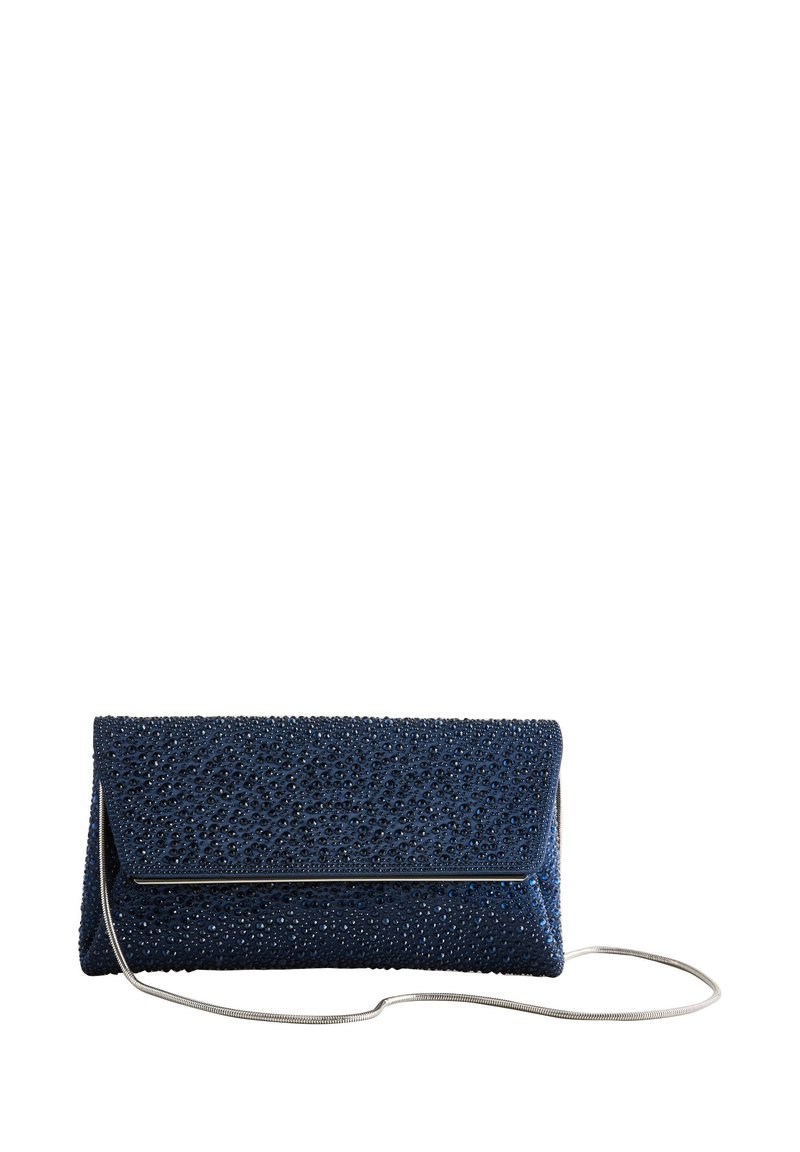 Navy clutch bag with a textured surface and embellishments. Features a sleek design, flap closure, and a silver chain strap.