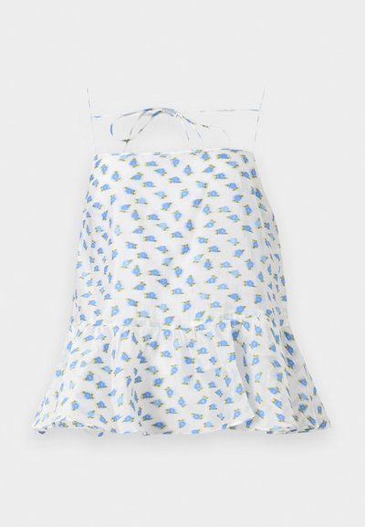 Valge ilma varrukateta kleit, millel on sinine ja roheline lilleline muster. Omab volangiga äärt ja reguleeritavaid rihmu. Kerge kangas, delikaatne tekstuur.