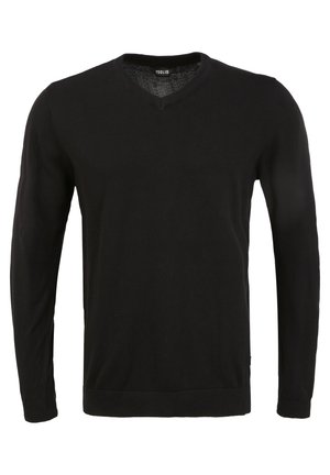 Black v-neck sweater made from soft knit material. Features long sleeves, ribbed cuffs and hem, and a smooth texture. Minimal branding on label.
