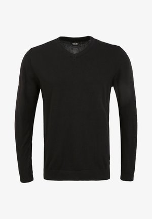 Black v-neck sweater made from soft knit material. Features long sleeves, ribbed cuffs and hem, and a smooth texture. Minimal branding on label.