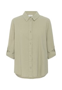 Hellbeiges Hemd zum Zumachen mit hochgekrempelten Ärmeln und einem Standardkragen, gefertigt aus leichtem Stoff.