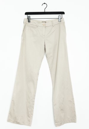 Beige Baumwollhose mit geradem Bein, mit Knopfverschluss, seitlichen Taschen und einer glatten Textur.