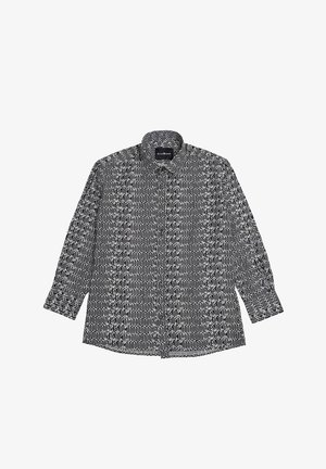 Camicia nera a maniche lunghe con bottoni, motivo a catena geometrica bianca e colletto classico, distesa su sfondo bianco.