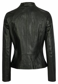 Black leather jacket with a fitted design, long sleeves, and a high collar. Features visible seam detailing and smooth texture.