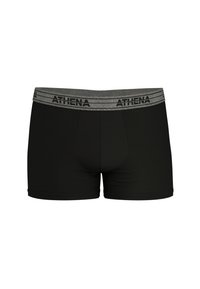Boxer-briefs noirs en tissu doux avec une ceinture grise comportant un logo de marque embossé. Design épuré sans coutures visibles.