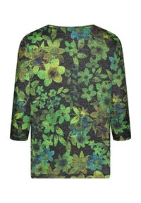 Schwarzes Hemd mit floralem Muster aus grünen und blauen Blumen und Blättern. Das Design bedeckt den gesamten Rücken und hat dreiviertellange Ärmel.