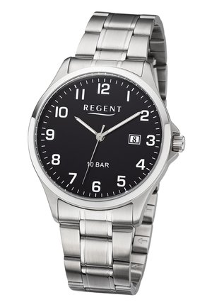 Montre-bracelet en métal argenté avec cadran noir, chiffres blancs, affichage de la date à 3 heures, et marque "REGENT", résistante à l'eau jusqu'à 10 bars.