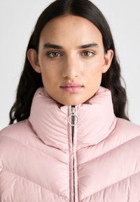 Ρυθμισμένο ροζ μπουφάν με ψηλό γιακά και ασημένιο φερμουάρ. Διαθέτει οριζόντια καπιτονέ σχέδια και λεία, γυαλιστερή υφή υφάσματος.