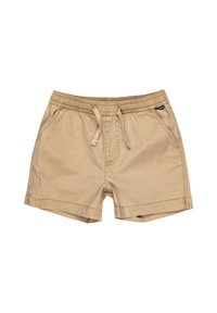 Beige bomullsshorts med elastisk midjeband, snörning och sidofickor. Har en ren, enkel design och stickade fållar.