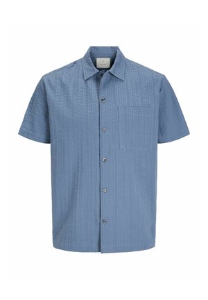 Košile s krátkým rukávem ve světle modré barvě s texturovaným vzorem, zapínáním na knoflíky, náprsní kapsou a klasickým límcem.